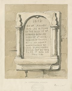 Seighford Church - Stentavle til Edward Bowyer: sepia tegning, nd [?1838] (tegning) af Thomas Peploe Wood