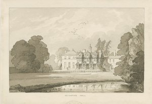 Seighford Hall: tegning i sepia wash af Thomas Peploe Wood