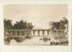 Shugborough Bridge: sepia tegning af Thomas Peploe Wood