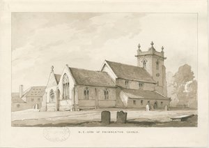 Swynnerton Church: sepia vask tegning, 1838 af Thomas Peploe Wood