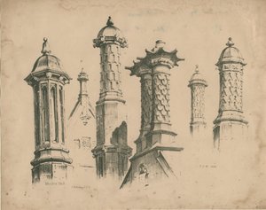 Thickbroom Hall ["Manley Hall"] - Finials og skorstene: litografi, 1838 af Thomas Peploe Wood