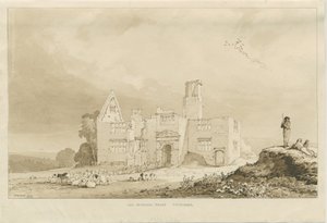 Tittensor - Old Manor House: sepia vask tegning, 1837 af Thomas Peploe Wood
