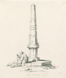 Tixall - søjle, der viser kilometerafstande: pen- og blæktegning af Thomas Peploe Wood