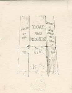 Tixall - Stensøjle, der viser kilometertal: pen- og blæktegning, nd [midten af 1800-tallet] (tegning) af Thomas Peploe Wood