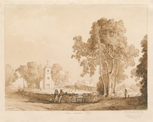 Tixall kirke: rød-sepia tegning, 1837 af Thomas Peploe Wood