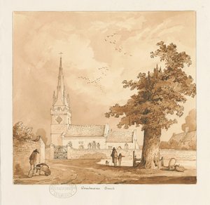 Wombourne Church: sepia tegning af Thomas Peploe Wood