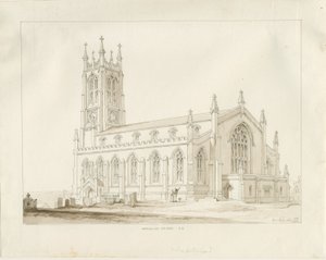 Wordsley Church: sepia tegning af Thomas Peploe Wood