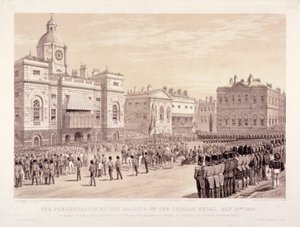 Overrækkelse af Krim-medaljen af dronning Victoria til oberst Sir Thomas Trowbridge, 18. maj 1855