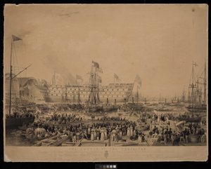 Søsætningen af Trafalgar i overværelse af Hendes Nådigste Majestæt Dronning Victoria og Hans Kongelige Højhed Prins Albert, på H.M. Dock Yard, Woolwich... af Thomas Picken