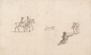 Ryttere, figurer og en hund (pen og blæk på papir) af Thomas Ross