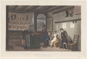 Boot & Shoe Shop, fra Poetical Sketches of Scarborough, 1813., 1813. Skabere: Thomas Rowlandson, Joseph Constantine Stadler, J. Bluck.