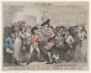 »En bokselobbyhelt«, »Den stemplede bølle« eller »Røven, der blev frataget løvens skind«. af Thomas Rowlandson