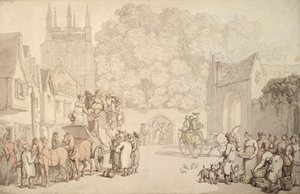 En træner, der forbereder sig på at forlade Canterbury Gate, Christ Church, Oxford, ca. 1810-15 af Thomas Rowlandson