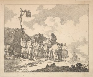 A Fair - En gruppe sigøjnere - mænd og kvinder i rustikke tøj foran to provisoriske te..., 1786. af Thomas Rowlandson