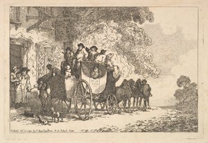 En fuldt lastet postvogn uden for et posthus af Thomas Rowlandson