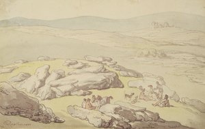 En picnic på Dartmoor (pen & blæk og akvarel på papir) af Thomas Rowlandson
