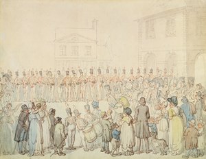 En anmeldelse af Northamptonshire Militia i Brackley, Northants (pen og blæk med akvarel på papir) af Thomas Rowlandson