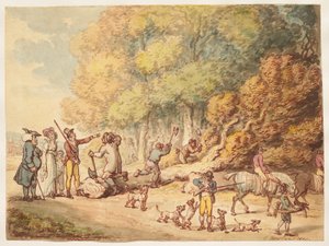En jæger med sin familie, der instruerer skovarbejdere i at hugge et fældet træ op af Thomas Rowlandson
