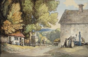 En landsbygrøn: en vogn standset under et træ, med en mand i bestanden og en gruppe tilskuere, af Thomas Rowlandson