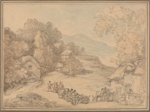 En landsby i et kuperet landskab af Thomas Rowlandson