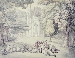 En college green med en gruppe piger og unge herrer i forgrunden, ca. 1810-15 (pen & blæk og akvarel over blyant på papir) af Thomas Rowlandson