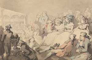 Et publikum, der ser et teaterstykke på Drury Lane Theatre af Thomas Rowlandson