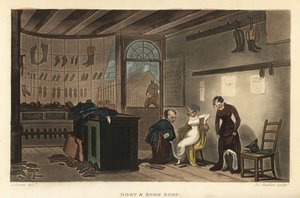 Støvle- og skobutik: Kvinder, der prøver sko og støvler hos Leatherhead skomagere. Håndfarvet kobberstik af Thomas Rowlandson, akvatint af J.C. Stadler, efter en skitse af J. Green fra Poetical Sketches of Scarborough, Ackermann, London af Thomas Rowlandson