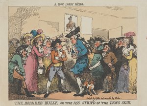 »Box-Lobby-helten«, »Den stemplede bølle« eller »Den, der blev frataget løvens skind« af Thomas Rowlandson