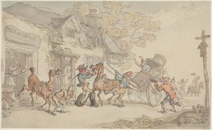 Skift af heste ved et poststed i Frankrig af Thomas Rowlandson