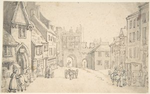 Byudsigt med middelalderport (muligvis York) af Thomas Rowlandson
