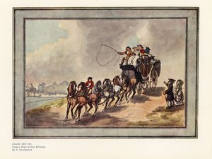 Kusk og seks heste med passagerer og bagage på taget af Thomas Rowlandson