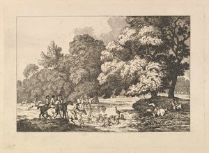 Hjortejagt – Et landskabsbillede med en hjort og jagthunde ved en flod af Thomas Rowlandson