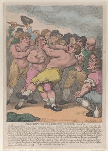 Beskrivelse af en boksekamp mellem Ward og Quirk for 100 Guineas en side, Marc..., 1. marts 1812. af Thomas Rowlandson