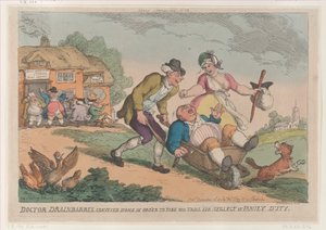 Doktor Drainbarrel bragt hjem for at tage sin retssag for forsømmelse af Fa..., 30. november 1810. af Thomas Rowlandson