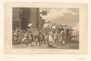 Doctor Syntax rider med på sin hest i et charivari af Thomas Rowlandson