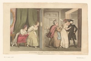 Doctor Syntax bliver ført gennem en dør af to kvinder af Thomas Rowlandson