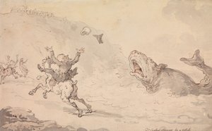 Dr. Syntax bliver forskrækket af en hval af Thomas Rowlandson