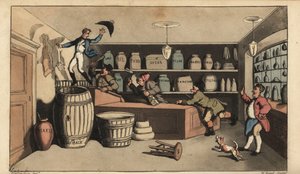 Beruset Johnny forfulgt af nattevagter i en købmandsbutik, der var ved at falde ned i en tønde smør. Håndfarvet kobberstik af W. Læst efter en illustration af Thomas Rowlandson fra Alfred Burtons The Adventures of Johnny Newcombe in the Navy, Si af Thomas Rowlandson