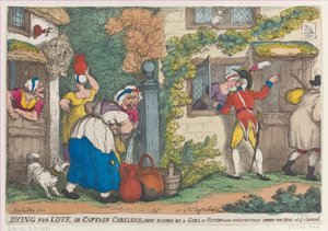 Dying for Love, eller Kaptajn Careless, skudt flyvende af en pige på femten, der uventet popper..., 1810. af Thomas Rowlandson