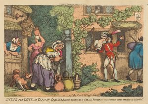 »Døden for kærlighed«, eller »Kaptajn Careless blev skudt ned af en femtenårig pige, der uventet stak hovedet ud af et vindue« af Thomas Rowlandson