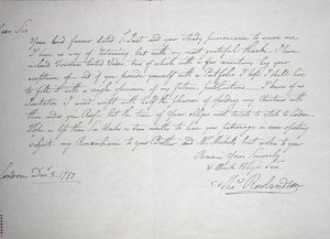 Tidligst kendte brev fra kunstneren til en Mr. Downs, en potentiel protektor, 8. december 1797 (pen og blæk på papir) af Thomas Rowlandson