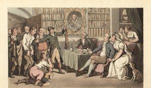 Engelsk herre i sit arbejdsværelse, der hører en sag om krybskytteri af Thomas Rowlandson