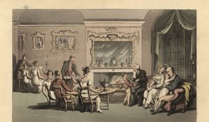 Engelsk herre, kone og børn slapper af i stuen af Thomas Rowlandson