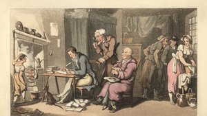 Engelsk herre, der skriver et tiggerbrev i en forfalden stue af Thomas Rowlandson