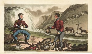 Fænrik Johnny Newcome og hans Subaltern spiser morgenmad med skinke, oksekød, kiks og brandy i en vejkant i Portugal. Håndfarvet kobberstik tegnet og ætset af Thomas Rowlandson fra oberst David Roberts