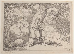 Spillemand, sømand, to kvinder og en gris ved et sommerhus, 1816., 1816. af Thomas Rowlandson