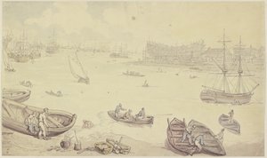 En flod med mange skibe og et skibsværft af Thomas Rowlandson