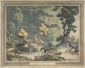Rævejagt [sæt med fire]:  2.  Hjort i knibe. / Scene nær Taplow, Berks af Thomas Rowlandson