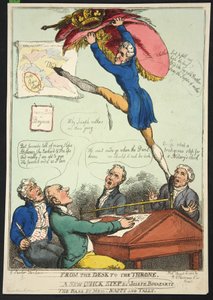 Fra skrivebordet til tronen. Et nyt hurtigt skridt af Joseph Bonaparte. The Bass af Mrs Nappy and Talley, pub. 1808 (håndfarvet gravering) af Thomas Rowlandson