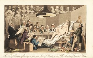 Georgiske kunstnere, herunder Benjamin West, Thomas Lawrence, Benjamin Haydon, Joseph Farrington, Richard Westall og Martin Archer Shee, tegner en nøgenmodel, mens klassiske buster kigger ned. Royal Academicians of Genius reflekterer over skønhedens sande  af Thomas Rowlandson